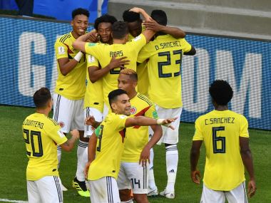   Colombian defender Yerry Mina (back C) against Senegal. AFP 