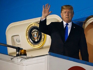 US president Donald Trump arrives for the summit. AP