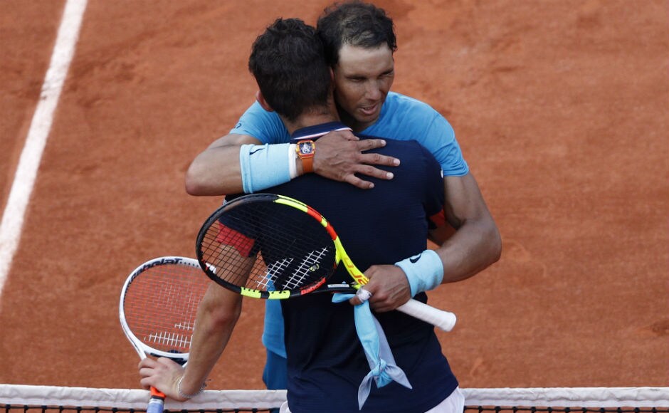 Spain's Rafael Nadal, right, hugs Austria's Dominic Thiem after the men's final match. AP Spain's Rafael Nadal, right, hugs Austria's Dominic Thiem after the men's final match. AP