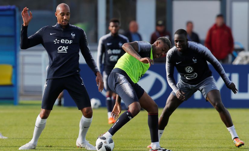 France's Steven Nzonzi, Presnel Kimpembe and Benjamin Mendy during their training. Reuters