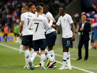 France's Ousmane Dembele celebrates scoring their third goal with teammates. Reuters