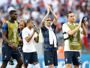 France's Antoine Griezmann applauds to supporters at the end of the group C match between Denmark and France at the 2018 soccer World Cup at the Luzhniki Stadium in Moscow, Russia, Tuesday, June 26, 2018. Match ended 0-0. (AP Photo/Antonio Calanni)