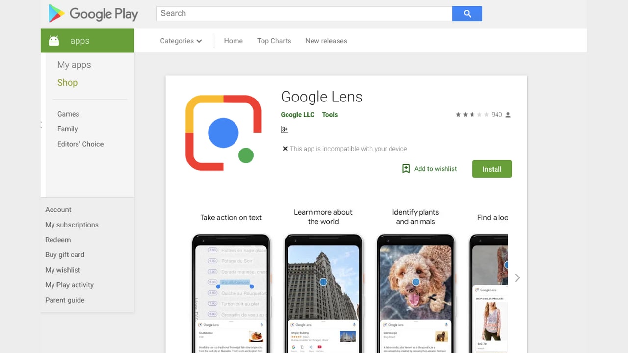 Google's standalone Lens app. Image: Google Play Store