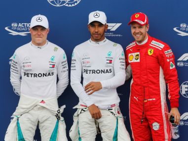 Lewis Hamilton celebrates qualifying in pole position at the French Grand Prix. Reuters
