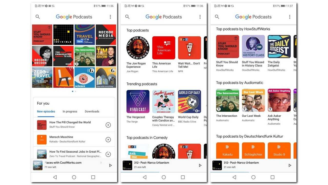 The Homepage of the Google Podcasts app with AI recommendations