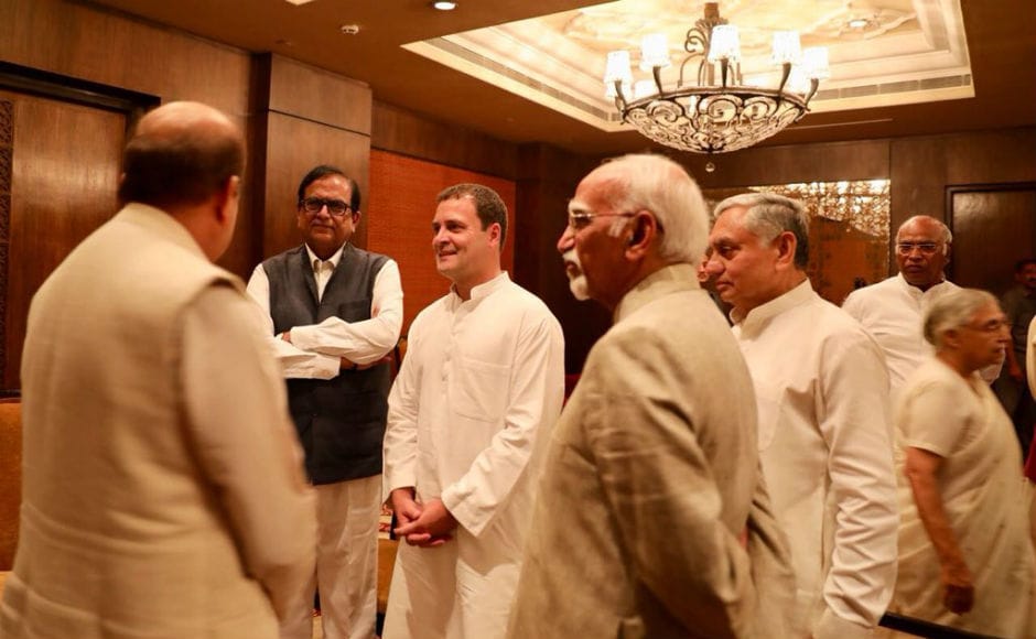 Former vice president Hamid Ansari, Congress leaders Ahmed Patel, Mallikarjun Kharge, Janardan Dwivedi and Sheila Dikshit attend the iftar party with Rahul Gandhi. Image courtesy: @RahulGandhi/Twitter Former vice president Hamid Ansari, Congress leaders Ahmed Patel, Mallikarjun Kharge, Janardan Dwivedi and Sheila Dikshit attend the iftar party with Rahul Gandhi. Image courtesy: @RahulGandhi/Twitter