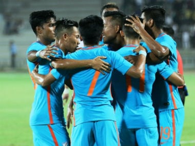 India players celebrate after scoring the fifth goal against Chinese Taipei. @Twitter: @IndianFootball
