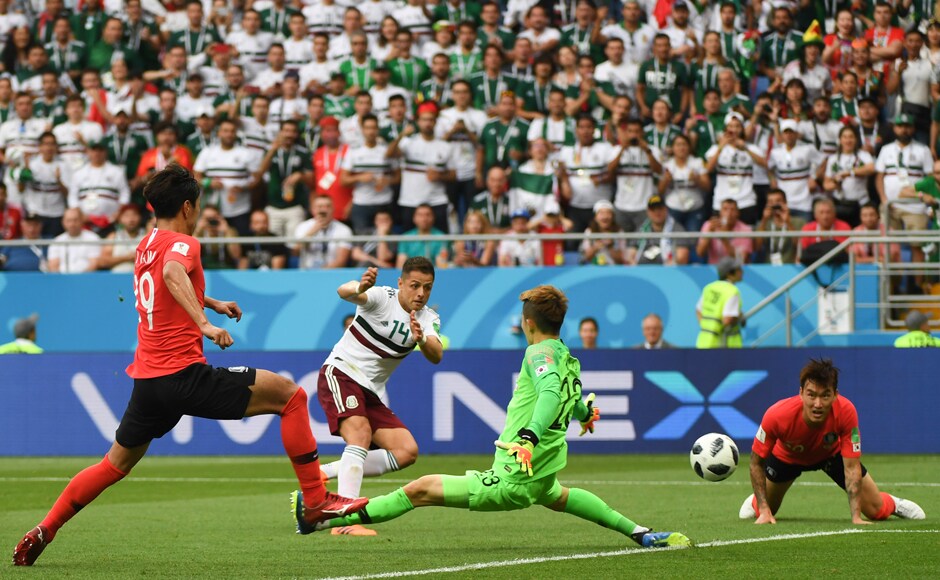 Javier Hernandez scored Mexico's second goal in their match against South Korea. Mexico won 2-1, ensuring their qualification after beating defending champions Germany in their first match. AFP Javier Hernandez scored Mexico's second goal in their match against South Korea. Mexico won 2-1, ensuring their qualification after beating defending champions Germany in their first match. AFP