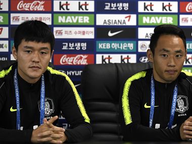 South Korea's players Ju Se-Jong and Moon Seon-Min attend a press conference in Saint Petersburg. AFP