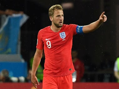 England's forward Harry Kane celebrates his second goal. AFP