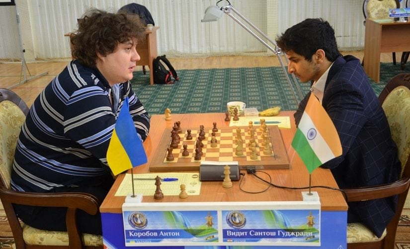 Vidit Gujrathi (R) during his game against Anton Korobov in round 7. Image Courtesy: Vasily Papin