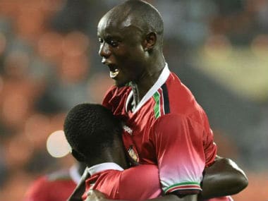Kenya players celebrate after striking a goal against Chinese Taipei during the Hero Intercontinental football Cup in Mumbai. PTI