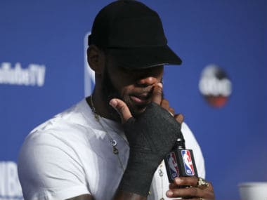 Cleveland Cavaliers forward LeBron James addresses the media after the NBA Finals. AP