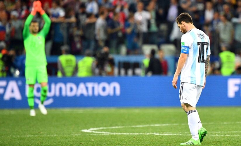 Lionel Messi reacts at the end of Argentina's second match at the 2018 World Cup. AFP