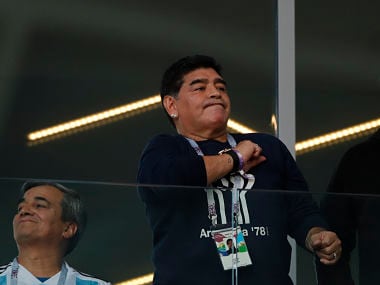 Former Argentina star Diego Maradona watches the group D match between Argentina and Iceland at the 2018 FIFA World Cup in the Spartak Stadium in Moscow. AP