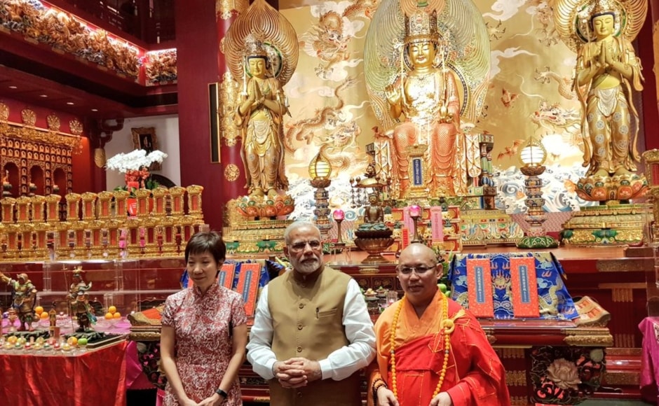 Exploring Singapore's heritage, Modi also visited the Buddha Tooth Relic Temple and Museum accompanied by Singapore's culture minister Grace Fu Hai Yien. Twitter@MEA Exploring Singapore's heritage, Modi also visited the Buddha Tooth Relic Temple and Museum accompanied by Singapore's culture minister Grace Fu Hai Yien. Twitter@MEA