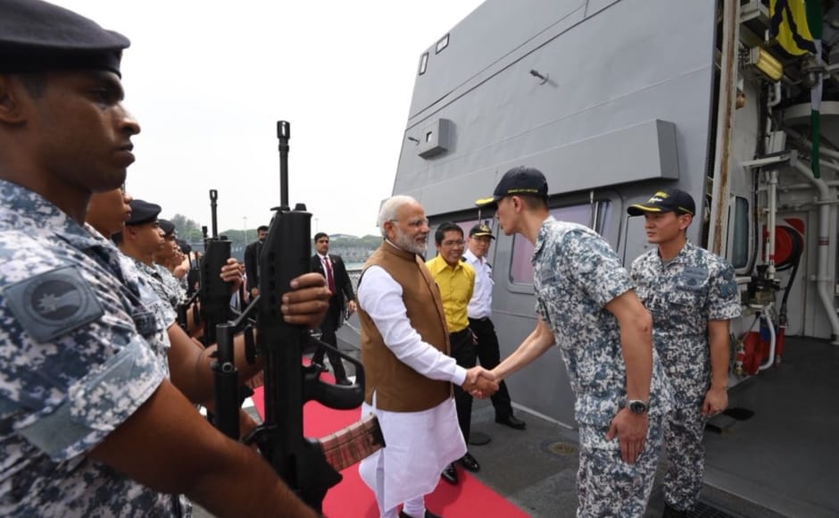 In the last leg of his Singapore tour, Modi visited the Changi Naval Base along with Singapore's senior minister of state for defence Mohamad Maliki Osman. India and Singapore have been conducting uninterrupted joint naval exercises since the last 25 years. Twitter@narendramodi In the last leg of his Singapore tour, Modi visited the Changi Naval Base along with Singapore's senior minister of state for defence Mohamad Maliki Osman. India and Singapore have been conducting uninterrupted joint naval exercises since the last 25 years. Twitter@narendramodi