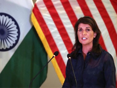U.S. Ambassador to the United Nations Nikki Haley speaks to the members of an Indian think tank in New Delhi. AP