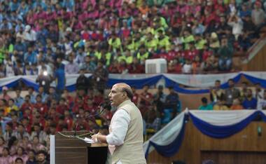 Rajnath Singh addresses youth at a sports conclave while on two-day visit to Jammu and Kashmir