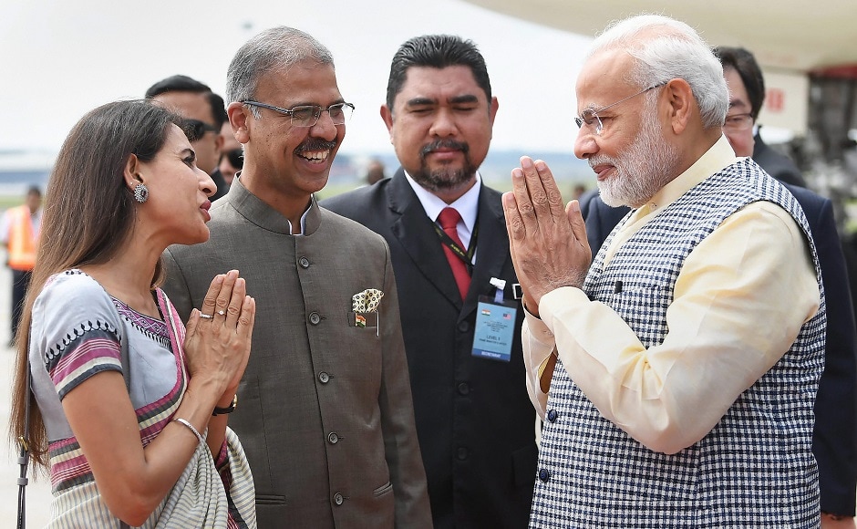 Modi welcomed by dignitaries on his arrival in Kuala Lumpur. He met Malaysian prime minister Mahathir Mohamad and discussed aspects relating to India-Malaysia cooperation. PTI Modi welcomed by dignitaries on his arrival in Kuala Lumpur. He met Malaysian prime minister Mahathir Mohamad and discussed aspects relating to India-Malaysia cooperation. PTI