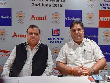 New Delhi: Indian Olympic Association (IOA) President Narinder Batra and General Secretary Rajeev Mehta during the press conference in New Delhi, on Friday. PTI Photo by Ravi Choudhary (PTI6_2_2018_000116B)