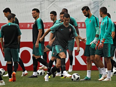 Cristiano Ronaldo trains with his teammates during Portugal's official training on the eve of the group B match against Morocco. AP