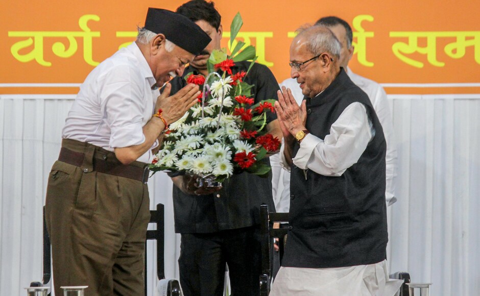 Former president Pranab Mukherjee being welcomed by Rashtriya Swayamsevak Sangh (RSS) chief Mohan Bhagwat at the closing ceremony of ‘Tritiya Varsha Sangh Shiksha Varg’, a Rashtriya Swayamsevak Sangh (RSS) event to mark the conclusion of a three-year training camp for swayamsevaks in Nagpur, on Thursday. PTI Former president Pranab Mukherjee being welcomed by Rashtriya Swayamsevak Sangh (RSS) chief Mohan Bhagwat at the closing ceremony of ‘Tritiya Varsha Sangh Shiksha Varg’, a Rashtriya Swayamsevak Sangh (RSS) event to mark the conclusion of a three-year training camp for swayamsevaks in Nagpur, on Thursday. PTI