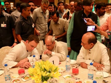 Former president Pranab Mukherjee with Rahul Gandhi at the iftar party on Wednesday. PTI