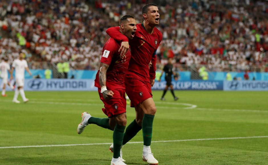 Portugal's Ricardo Quaresma celebrates scoring their first goal with Cristiano Ronaldo. Portugal came perilously close to a group stage exit during a frenetic stoppage-time period when Iran equalised through a penalty and almost scored a winner after Ronaldo had earlier missed from the spot. Reuters Portugal's Ricardo Quaresma celebrates scoring their first goal with Cristiano Ronaldo. Portugal came perilously close to a group stage exit during a frenetic stoppage-time period when Iran equalised through a penalty and almost scored a winner after Ronaldo had earlier missed from the spot. Reuters
