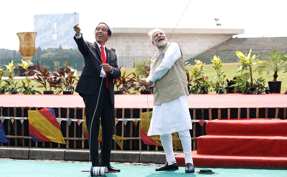 Joko Widodo and Modi flew kites on Wednesday as they inaugurated the first joint kite exhibition themed on India's largest epics Ramayana at National Monument. He also visited the Istiqlal Mosque in Jakarta. Reuters Joko Widodo and Modi flew kites on Wednesday as they inaugurated the first joint kite exhibition themed on India's largest epics Ramayana at National Monument. He also visited the Istiqlal Mosque in Jakarta. Reuters