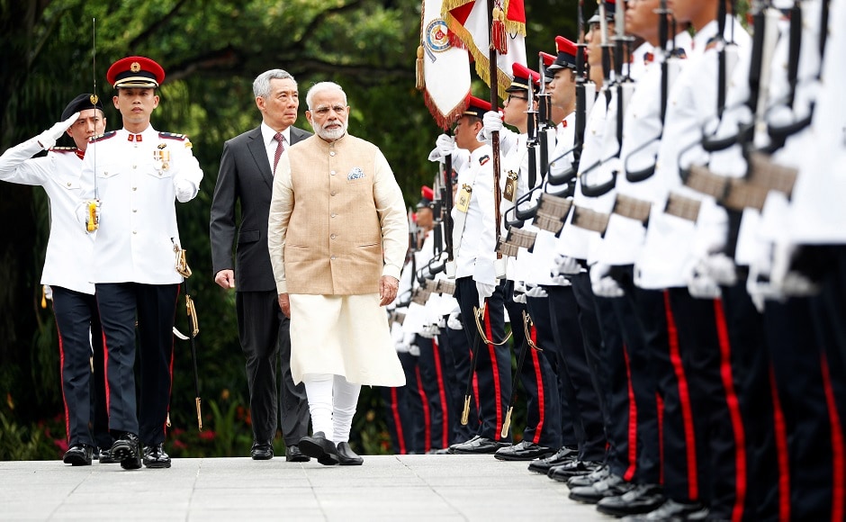 As Modi arrived in Singapore, he inspected an honour guard with Loong at the Istana. He made a trip to the India-Singapore Enterprise and Innovation Exhibitions at the Marina Bay Sands Convention Centre where he also addressed a business and community event. Reuters As Modi arrived in Singapore, he inspected an honour guard with Loong at the Istana. He made a trip to the India-Singapore Enterprise and Innovation Exhibitions at the Marina Bay Sands Convention Centre where he also addressed a business and community event. Reuters
