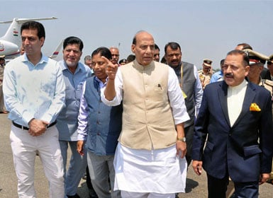 Union Home Minister Rajnath Singh with MoS in PMO Jitendra Singh arrive for a 2-day visit, in Srinagar on Thursday. PTI