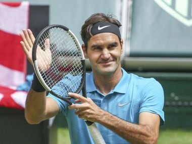 Roger Federer celebrates after he beats Denis Kudla during their semi-final match. AP