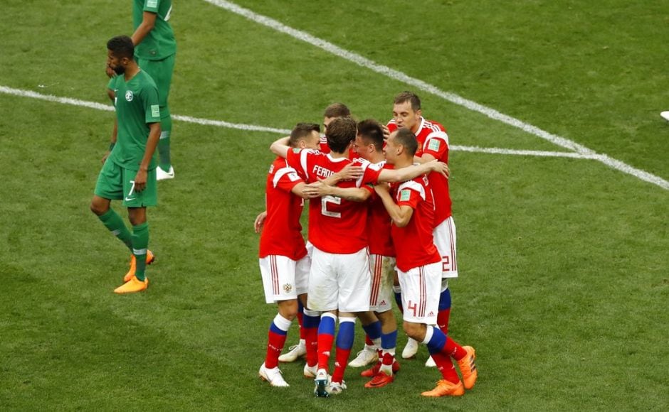 Russia's players celebrate the fifth goal of their team during the Group A match between Russia and Saudi Arabia which opened the 2018 FIFA World Cup at the Luzhniki Stadium in Moscow on Thursday. Russia won 5-0. AP Russia's players celebrate the fifth goal of their team during the Group A match between Russia and Saudi Arabia which opened the 2018 FIFA World Cup at the Luzhniki Stadium in Moscow on Thursday. Russia won 5-0. AP