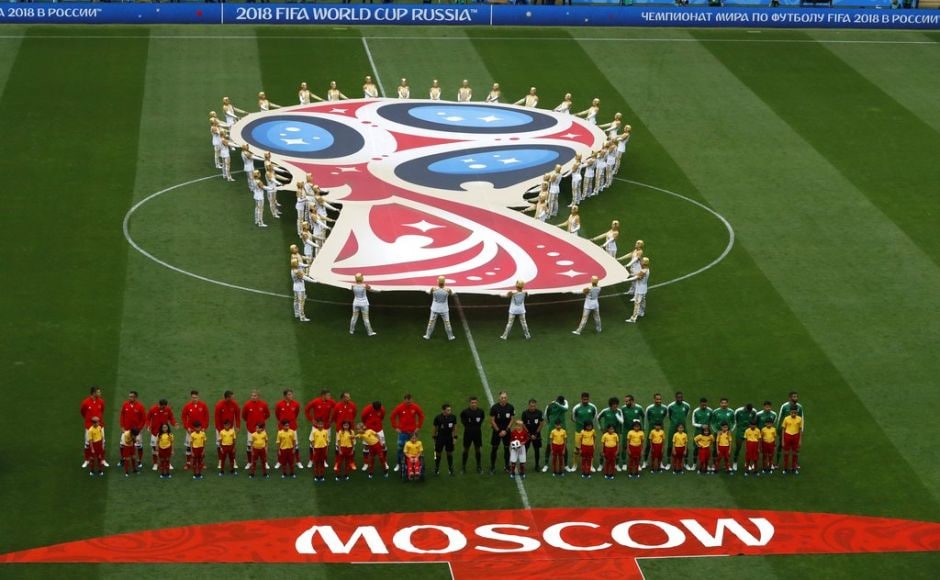 Russia, left, and Saudi Arabia stand on the pitch ahead of their Group A match. The Saudis were ranked three places above Russia at 67 in the world rankings. AP Russia, left, and Saudi Arabia stand on the pitch ahead of their Group A match. The Saudis were ranked three places above Russia at 67 in the world rankings. AP