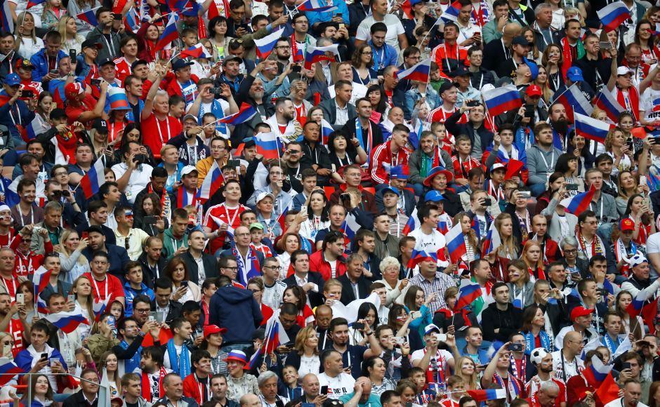 Russia fans at the stadium in Moscow. The Russians served up an adrenaline-fuelled performance for an 80,000-capacity Luzhniki crowd which included President Vladimir Putin and the Saudi crown prince. Reuters Russia fans at the stadium in Moscow. The Russians served up an adrenaline-fuelled performance for an 80,000-capacity Luzhniki crowd which included President Vladimir Putin and the Saudi crown prince. Reuters