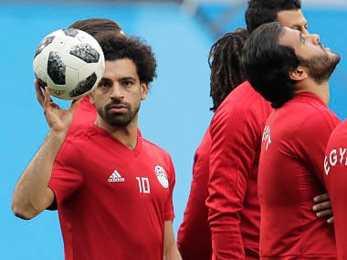 Egypt's Mohamed Salah plays with the ball during Egypt's official training session. AP