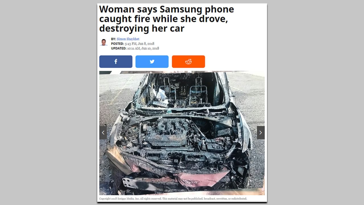 A Samsung phone caught fire in a woman's car. The resulting fire burned down the vehicle. Image: WXYZ