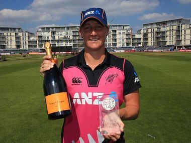 New Zealand's Sophie Devine poses with the Player of the Match award after scoring 68 against South Africa. Image courtesy: Twitter @ICC