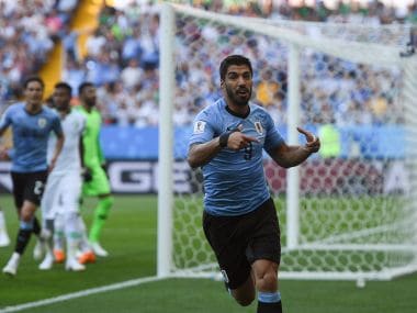 Uruguay's Luis Suarez celebrates his goal against Saudi Arabia. AFP
