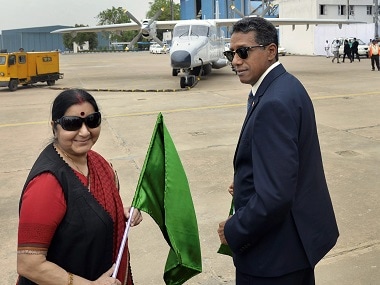 External affairs minister Sushma Swaraj hands over a Dornier aircraft to Seychelles president Danny Faure. PTI