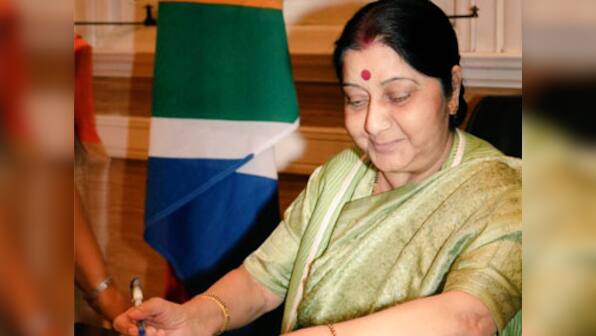 In South Africa, Sushma Swaraj hails Mahatma Gandhi, Nelson Mandela for giving hope to people facing discrimination