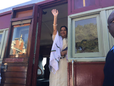 Sushma Swaraj travels from Pentrich to Pietermaritzburg to mark Mahatma Gandhi's eviction from compartment Sushma Swaraj travels from Pentrich to Pietermaritzburg to mark Mahatma Gandhi's eviction from compartment