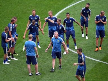 Sweden coach Janne Andersson with players during training. Reuters