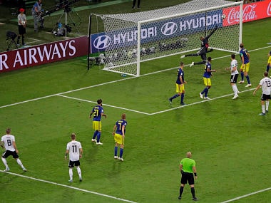 Germany's Toni Kroos scores his side's second goal during the group F match against Sweden. AP