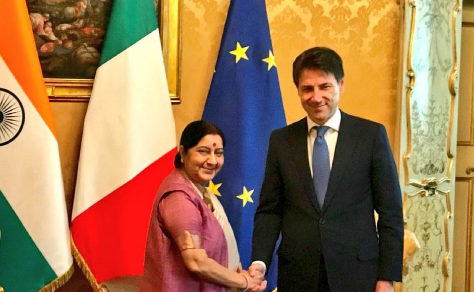 Swaraj visited the Italian prime minister Giuseppe Conte, on Monday and discussed forging and revitalising bilateral relationships. Twitter/@MEAIndia Swaraj visited the Italian prime minister Giuseppe Conte, on Monday and discussed forging and revitalising bilateral relationships. Twitter/@MEAIndia