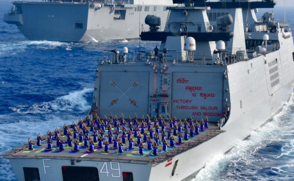 Officers and sailors of the Indian Naval Ship Sahyadri practiced yoga. Twitter/@PIB_India Officers and sailors of the Indian Naval Ship Sahyadri practiced yoga. Twitter/@PIB_India