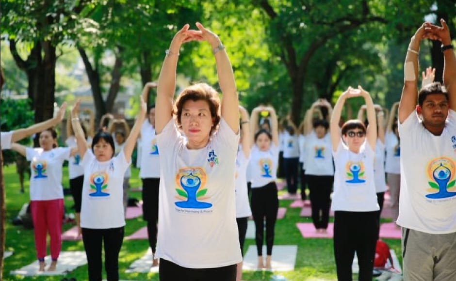 People also performed yoga at the India House in Beijing. Twitter/@PIB_India People also performed yoga at the India House in Beijing. Twitter/@PIB_India