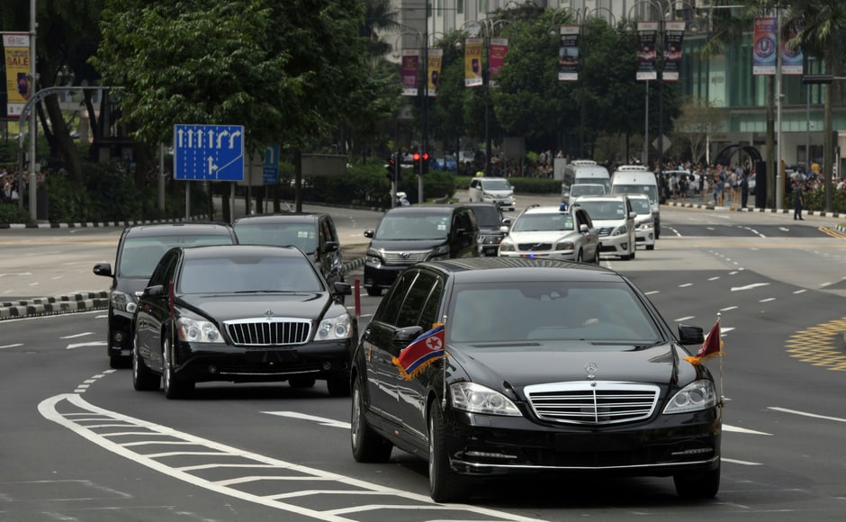 The North Korean motorcade, believed to be carrying North Korean leader Kim Jong-un, travels along Singapore's Orchard Road, Sunday, 10 June, 2018, ahead of the summit with US president Donald Trump. The North Korean autocrat’s every move will be followed by 3,000 journalists who have converged on Singapore, and by gawkers around the world, up until he shakes hands with Trump on Tuesday. AP The North Korean motorcade, believed to be carrying North Korean leader Kim Jong-un, travels along Singapore's Orchard Road, Sunday, 10 June, 2018, ahead of the summit with US president Donald Trump. The North Korean autocrat’s every move will be followed by 3,000 journalists who have converged on Singapore, and by gawkers around the world, up until he shakes hands with Trump on Tuesday. AP