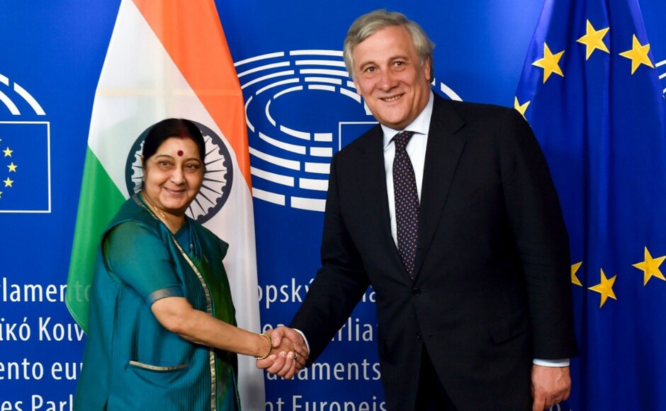Swaraj, in the end, called on Antonio Tajani, President of European Parliament in Brussels and held talks about security, trade, sustainable development, research and innovation. Twitter/@Antonio_Tajani Swaraj, in the end, called on Antonio Tajani, President of European Parliament in Brussels and held talks about security, trade, sustainable development, research and innovation. Twitter/@Antonio_Tajani